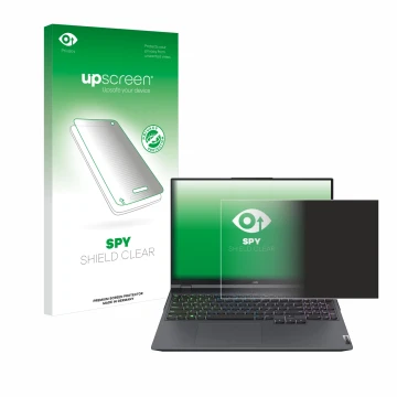 Parte frontal de un envase de producto con el logotipo de la marca upscreen. Al lado se muestra el dispositivo Lenovo Legion 5