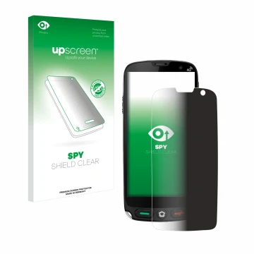 Parte frontal de un envase de producto con el logotipo de la marca upscreen. Al lado se muestra el dispositivo Brondi Amico XS