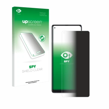 Parte frontal de un envase de producto con el logotipo de la marca upscreen. Al lado se muestra el dispositivo Cubot Max 3 con