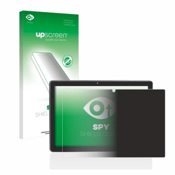 Parte frontal de un envase de producto con el logotipo de la marca upscreen. Al lado se muestra el dispositivo Majestic Tab-91