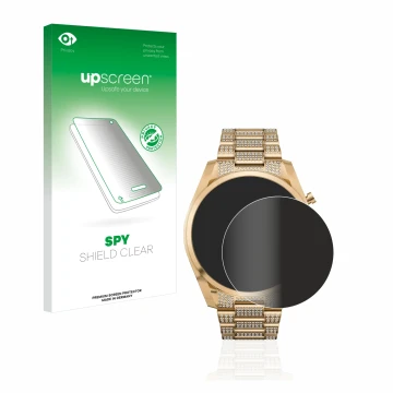 Parte frontal de un envase de producto con el logotipo de la marca upscreen. Al lado se muestra el dispositivo Michael Kors Ac