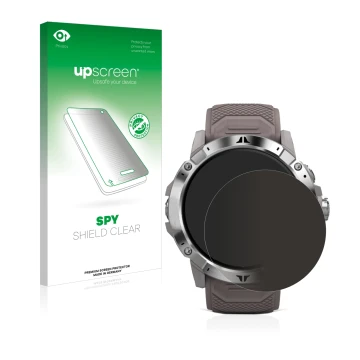 Parte frontal de un envase de producto con el logotipo de la marca upscreen. Al lado se muestra el dispositivo Coros Vertix 2 