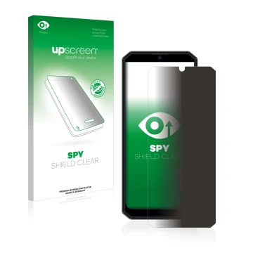 Parte frontal de un envase de producto con el logotipo de la marca upscreen. Al lado se muestra el dispositivo Oukitel K15 Plu