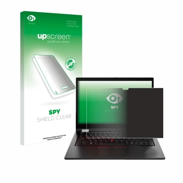 Parte frontal de un envase de producto con el logotipo de la marca upscreen. Al lado se muestra el dispositivo Lenovo ThinkPad