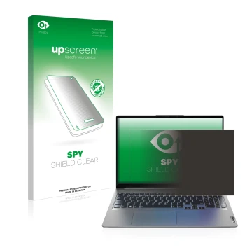 Parte frontal de un envase de producto con el logotipo de la marca upscreen. Al lado se muestra el dispositivo Lenovo IdeaPad 