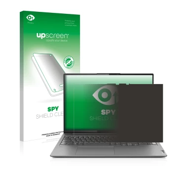 Parte frontal de un envase de producto con el logotipo de la marca upscreen. Al lado se muestra el dispositivo Lenovo Yoga Sli