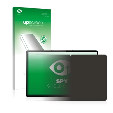 Parte frontal de un envase de producto con el logotipo de la marca upscreen. Al lado se muestra el dispositivo Lenovo Tab P12 