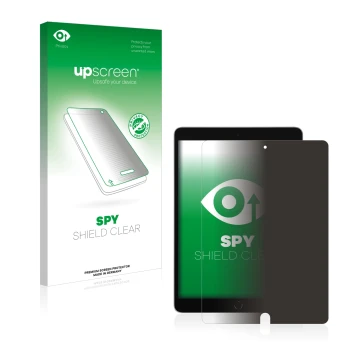 Parte frontal de un envase de producto con el logotipo de la marca upscreen. Al lado se muestra el dispositivo Apple iPad 10.2
