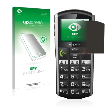 Parte frontal de un envase de producto con el logotipo de la marca upscreen. Al lado se muestra el dispositivo Emporia Simplic