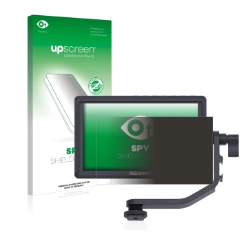 Parte frontal de un envase de producto con el logotipo de la marca upscreen. Al lado se muestra el dispositivo Feelworld FW568