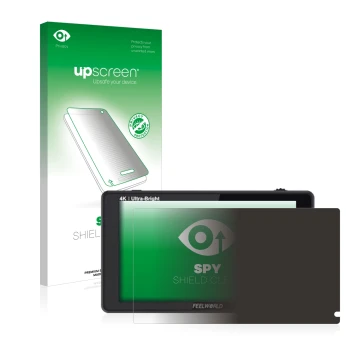 Parte frontal de un envase de producto con el logotipo de la marca upscreen. Al lado se muestra el dispositivo Feelworld LUT6S