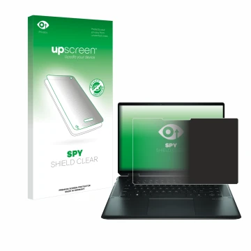 Parte frontal de un envase de producto con el logotipo de la marca upscreen. Al lado se muestra el dispositivo HP Spectre x360