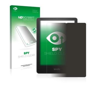 Parte frontal de un envase de producto con el logotipo de la marca upscreen. Al lado se muestra el dispositivo Amazon Kindle P