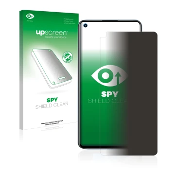 Parte frontal de un envase de producto con el logotipo de la marca upscreen. Al lado se muestra el dispositivo realme GT Neo 2