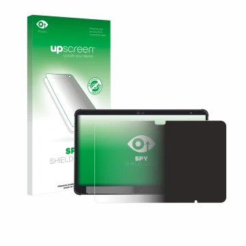 Parte frontal de un envase de producto con el logotipo de la marca upscreen. Al lado se muestra el dispositivo Fujitsu Stylist