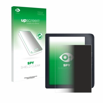 Parte frontal de un envase de producto con el logotipo de la marca upscreen. Al lado se muestra el dispositivo Kobo Libra 2 co