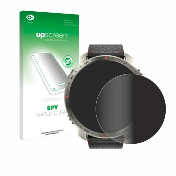 Parte frontal de un envase de producto con el logotipo de la marca upscreen. Al lado se muestra el dispositivo Polar Grit X Pr