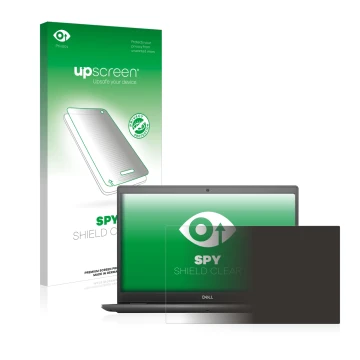 Parte frontal de un envase de producto con el logotipo de la marca upscreen. Al lado se muestra el dispositivo Dell Latitude 3