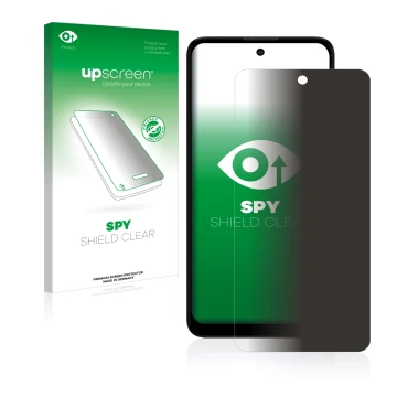 Parte frontal de un envase de producto con el logotipo de la marca upscreen. Al lado se muestra el dispositivo Motorola Moto E