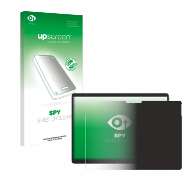 Parte frontal de un envase de producto con el logotipo de la marca upscreen. Al lado se muestra el dispositivo Microsoft Surfa