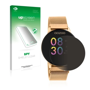 Parte frontal de un envase de producto con el logotipo de la marca upscreen. Al lado se muestra el dispositivo Oozoo Q00117 co