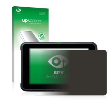 Parte frontal de un envase de producto con el logotipo de la marca upscreen. Al lado se muestra el dispositivo Atomos Shinobi 