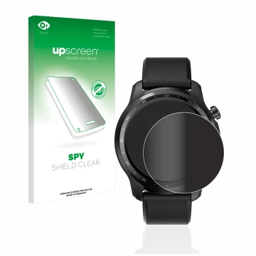 Parte frontal de un envase de producto con el logotipo de la marca upscreen. Al lado se muestra el dispositivo Mobvoi Ticwatch
