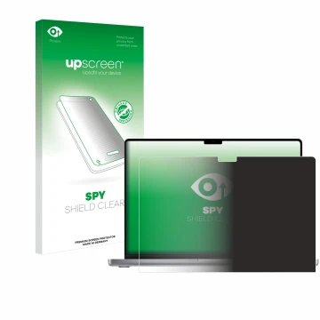 Parte frontal de un envase de producto con el logotipo de la marca upscreen. Al lado se muestra el dispositivo Apple MacBook P