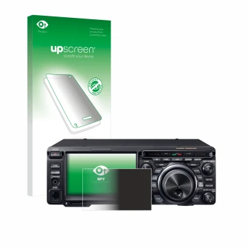 Parte frontal de un envase de producto con el logotipo de la marca upscreen. Al lado se muestra el dispositivo Yaesu FT-DX10 c