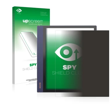 Parte frontal de un envase de producto con el logotipo de la marca upscreen. Al lado se muestra el dispositivo Boox Note Air 2