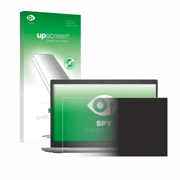 Parte frontal de un envase de producto con el logotipo de la marca upscreen. Al lado se muestra el dispositivo Dell Latitude 5