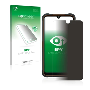 Parte frontal de un envase de producto con el logotipo de la marca upscreen. Al lado se muestra el dispositivo AGM Glory Pro c