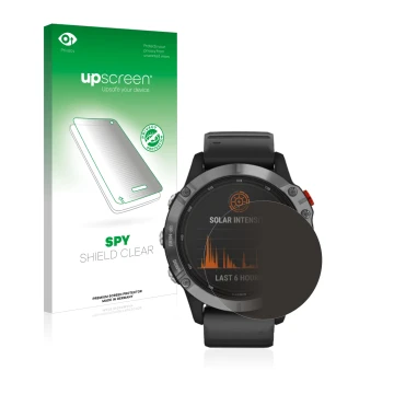 Parte frontal de un envase de producto con el logotipo de la marca upscreen. Al lado se muestra el dispositivo Garmin Fenix 6 