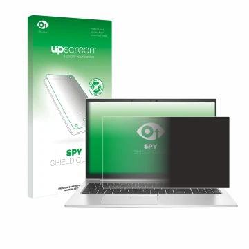 Parte frontal de un envase de producto con el logotipo de la marca upscreen. Al lado se muestra el dispositivo HP EliteBook 85