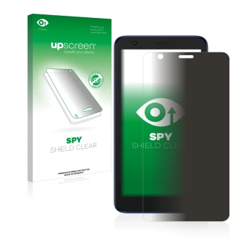 Parte frontal de un envase de producto con el logotipo de la marca upscreen. Al lado se muestra el dispositivo ZTE Blade L9 co