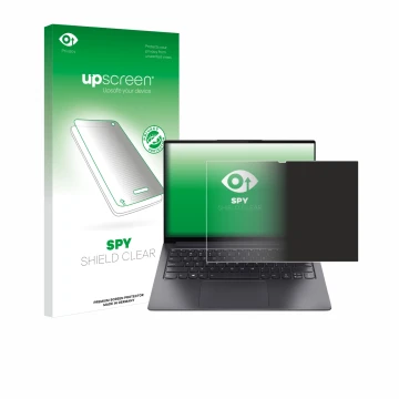 Parte frontal de un envase de producto con el logotipo de la marca upscreen. Al lado se muestra el dispositivo Lenovo Yoga Sli