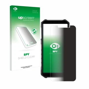 Parte frontal de un envase de producto con el logotipo de la marca upscreen. Al lado se muestra el dispositivo Ulefone Armor X