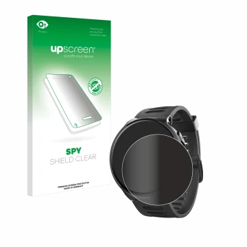 Parte frontal de un envase de producto con el logotipo de la marca upscreen. Al lado se muestra el dispositivo Kiprun 500 con 