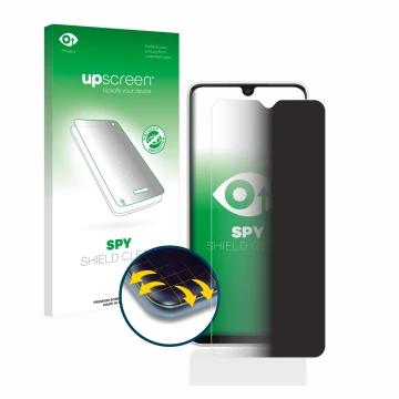 Parte frontal de un envase de producto con el logotipo de la marca upscreen. Al lado se muestra el dispositivo Samsung Galaxy 