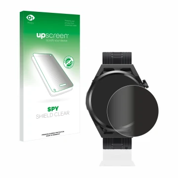 Parte frontal de un envase de producto con el logotipo de la marca upscreen. Al lado se muestra el dispositivo Huawei Watch GT