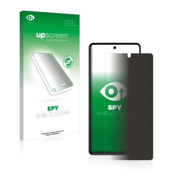 Parte frontal de un envase de producto con el logotipo de la marca upscreen. Al lado se muestra el dispositivo Motorola Edge 3