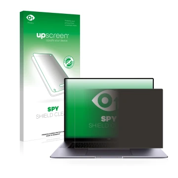 Parte frontal de un envase de producto con el logotipo de la marca upscreen. Al lado se muestra el dispositivo Huawei MateBook