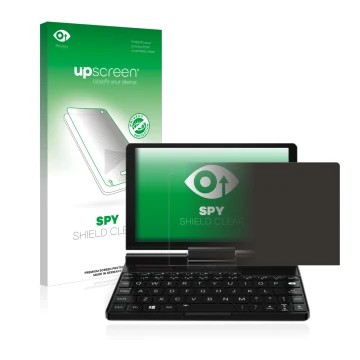 Parte frontal de un envase de producto con el logotipo de la marca upscreen. Al lado se muestra el dispositivo GPD Pocket 3 co