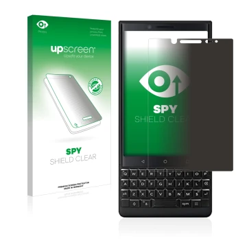 Parte frontal de un envase de producto con el logotipo de la marca upscreen. Al lado se muestra el dispositivo BlackBerry Key2