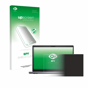 Parte frontal de un envase de producto con el logotipo de la marca upscreen. Al lado se muestra el dispositivo Dell Latitude 5