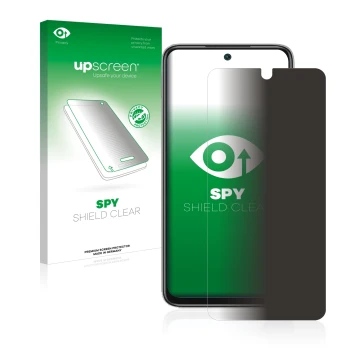 Parte frontal de un envase de producto con el logotipo de la marca upscreen. Al lado se muestra el dispositivo Xiaomi Redmi No