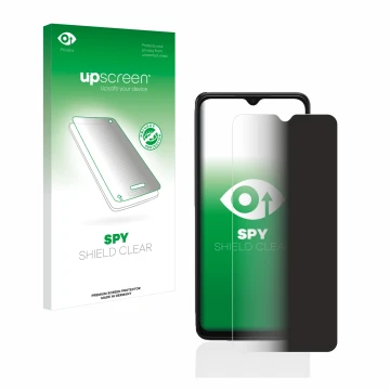 Parte frontal de un envase de producto con el logotipo de la marca upscreen. Al lado se muestra el dispositivo Samsung Galaxy 