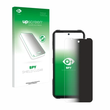 Parte frontal de un envase de producto con el logotipo de la marca upscreen. Al lado se muestra el dispositivo Doogee V20 con 