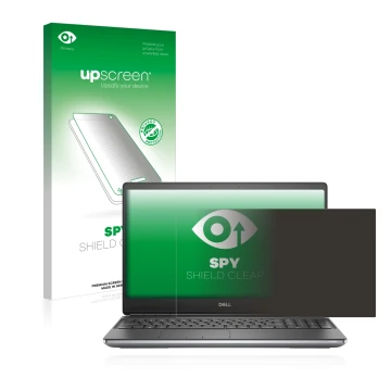 Parte frontal de un envase de producto con el logotipo de la marca upscreen. Al lado se muestra el dispositivo Dell Precision 