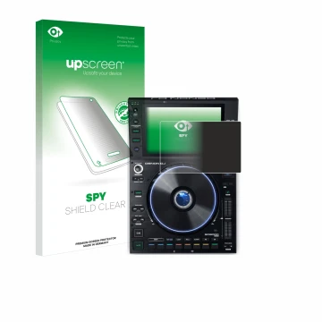 Parte frontal de un envase de producto con el logotipo de la marca upscreen. Al lado se muestra el dispositivo Denon DJ SC6000